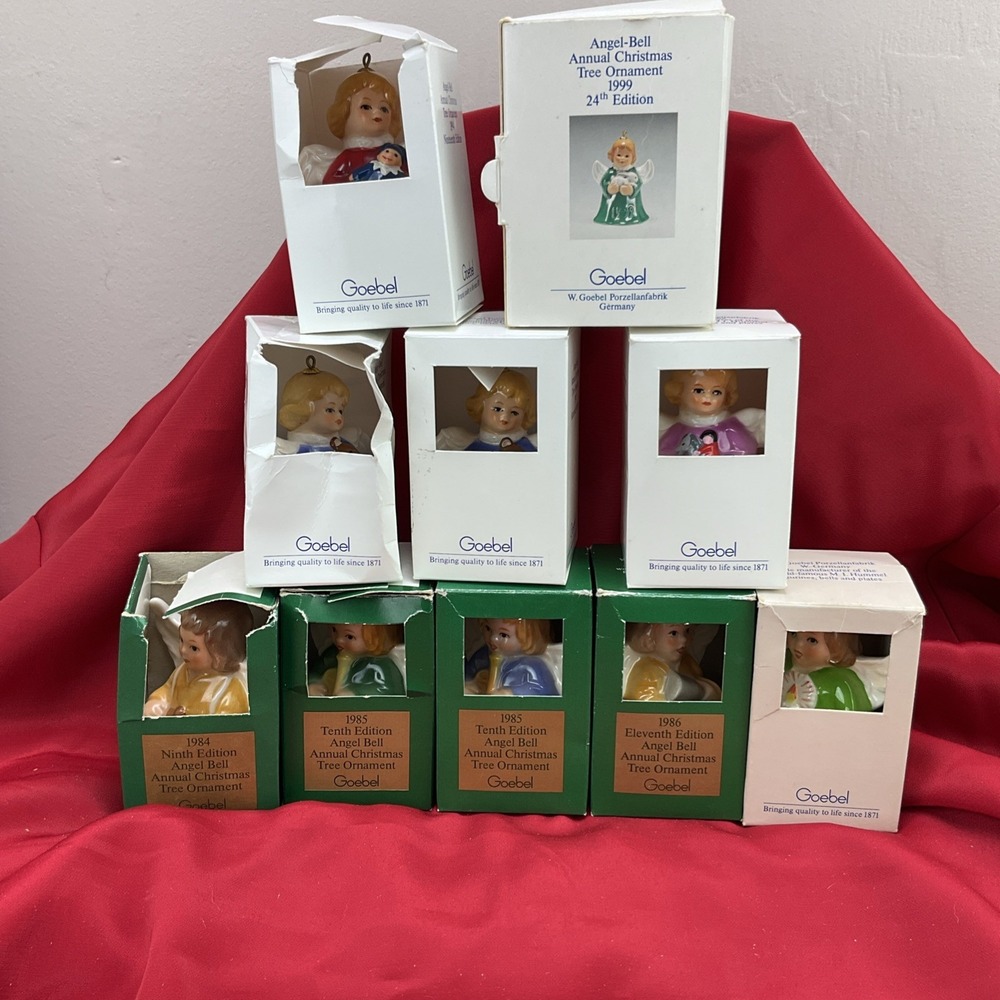 10 Vintage Goebel Hummel Angel Bell Ornaments 1984-1999 West Germany In Boxes